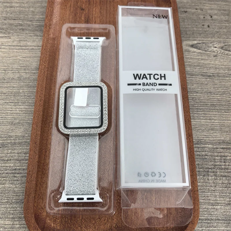 Band + gehärtetes Glas + Stoßstange Displayschutzfolie Serie Diamantabdeckung für Apple Watch Gehäuse 45-41-38mm 42mm 44mm 40mm 9 8 7 6 5 4 3 SE