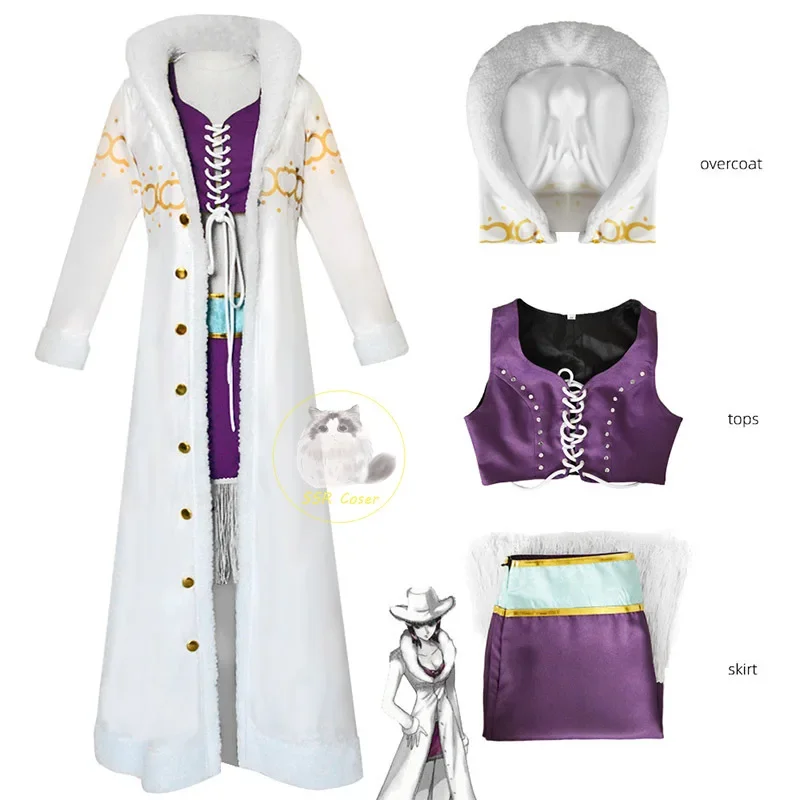 Nico Robin Cosplay Costume Uniform Anime Purple Dress Uniform Long Fur Collar White Cloak Punk Outfit Hat Halloween for Adult