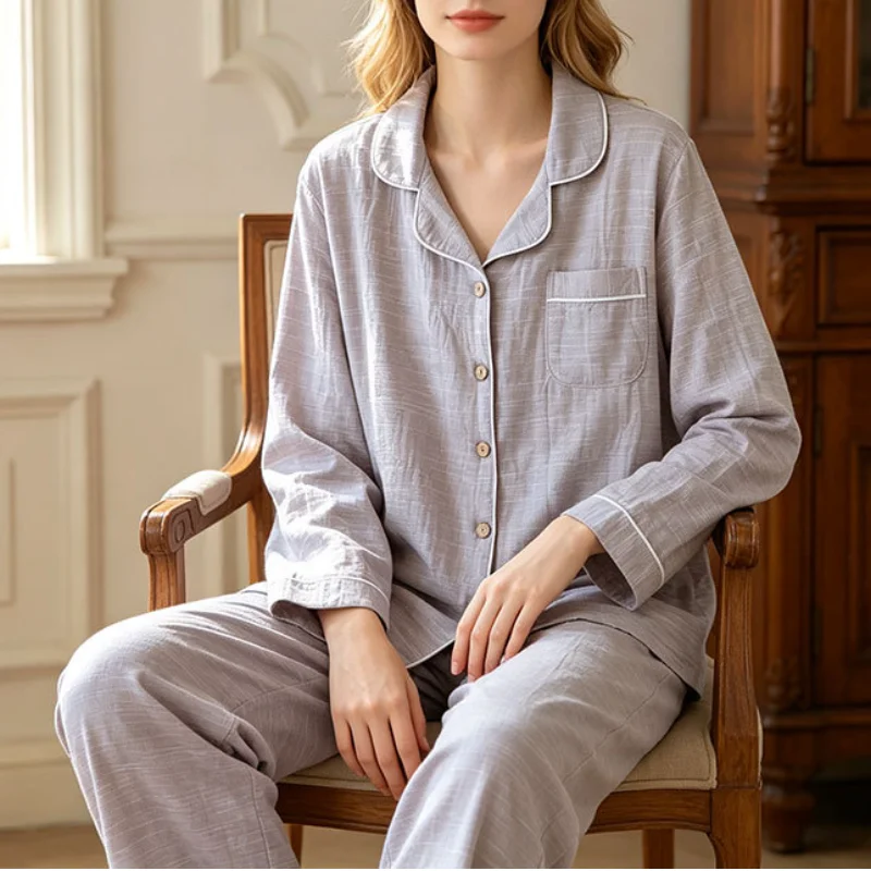 Couple 2Pcs Shirts&pants Cotton Nightwear Home Clothes Lapel Collar Women Sleepwear Pajamas Set Long Sleeve Soft Loose Home Wear