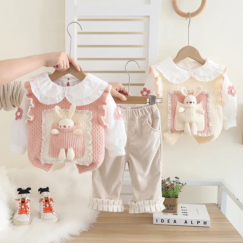 

Girls Clothes Sets Spring Autumn Children Knitted Vest Shirts Pants 3pcs Princess Suit For Baby Cute Outfits Kids Costume 4 5Y