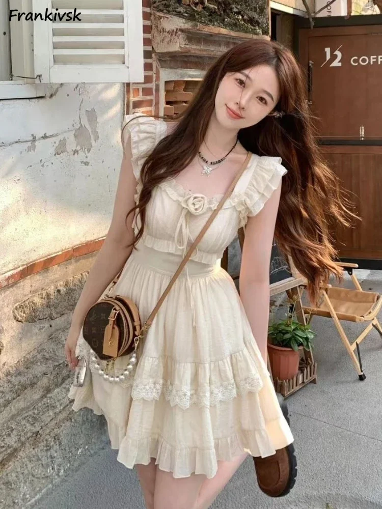 

Dresses Women French Style Elegant Fashion Sweet All-match Mini Square Collar High Street Temperament Fairycore Summer Popular