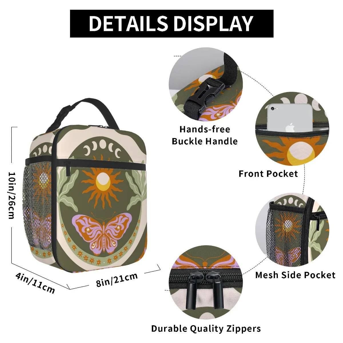 Thermal Insulated Bag with Celestial Sun, Moon, Stars & Butterfly Design for Drinks, Lunch, Office, Travel Portable Thermal Bag