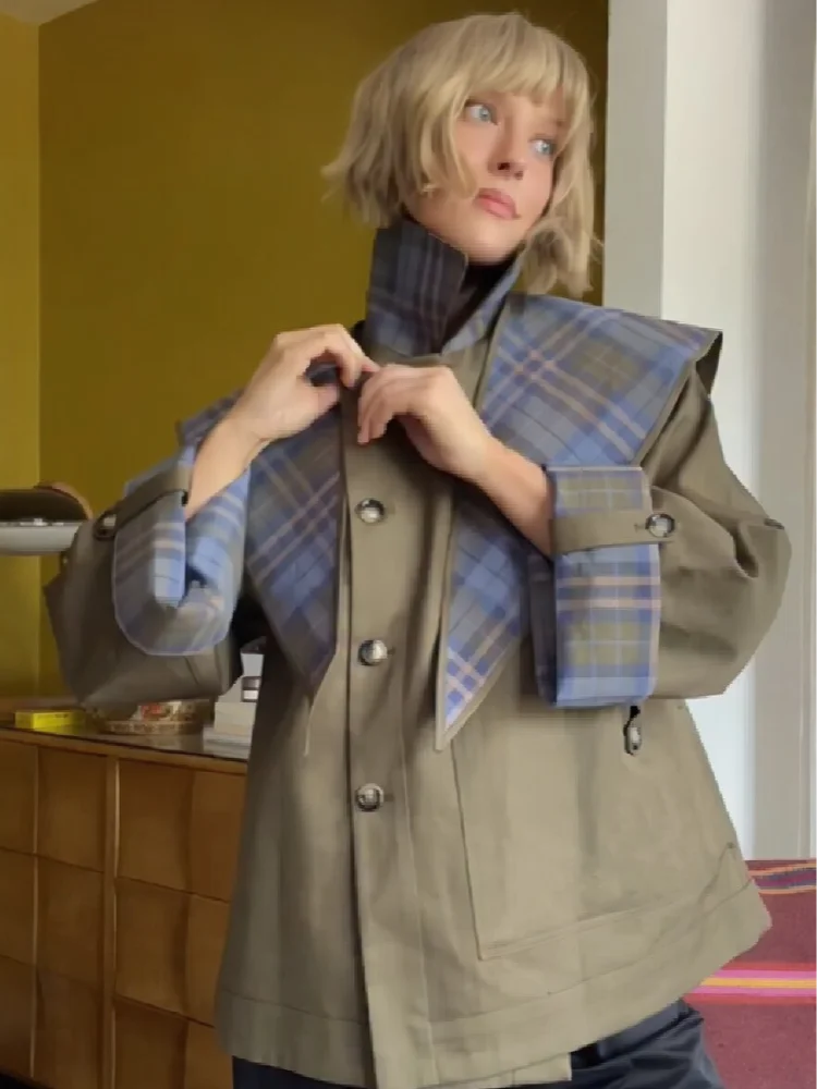 เสื้อโค้ทสองด้านมีสไตล์ผู้หญิงลำลองเก๋หลวมลายเสื้อกันลมฤดูใบไม้ร่วงแฟชั่นดีไซเนอร์ Y2k เสื้อผ้าสตรีทที่สะดุดตา