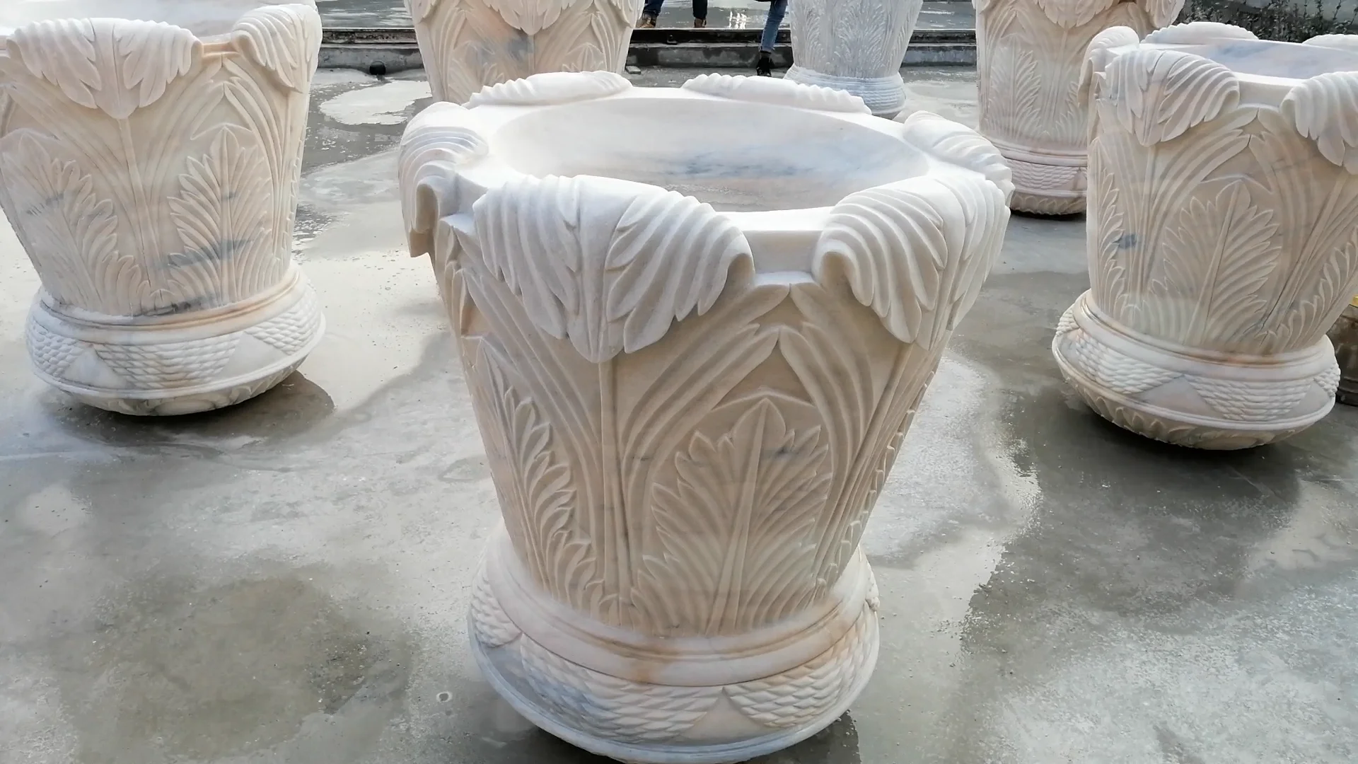 Customized Outdoor Park Decoration Art Large Natural Stone Vase Hand Carved White Marble Flowerpot