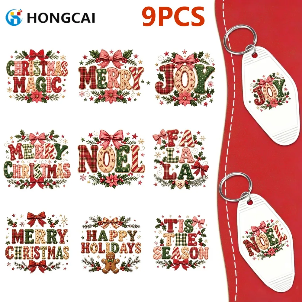 9Pcs Christmas Letter UV Crystal Transfer Stickers | Waterproof 3D, for Keychains, Water Cups, Phone Cases & DIY Holiday Decor