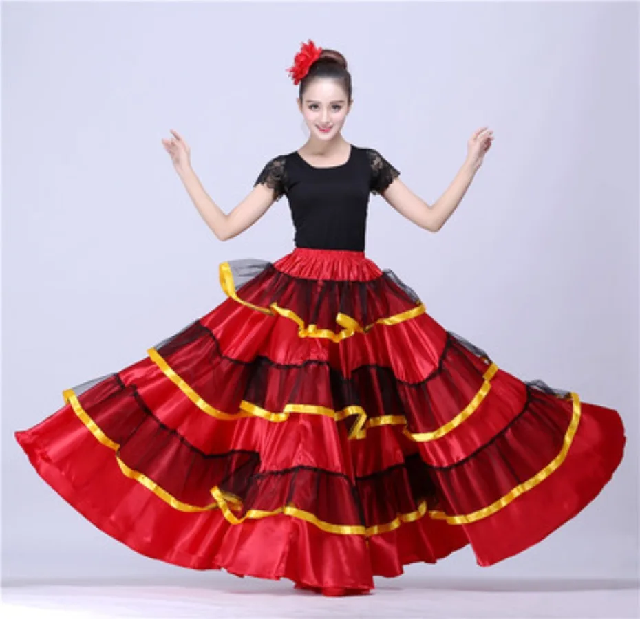 Girls Dance Costumes Red Black Satin Solid Spanish Flamenco Dress Lace Up Ballroom Dance Performance Party Female Long Skirt