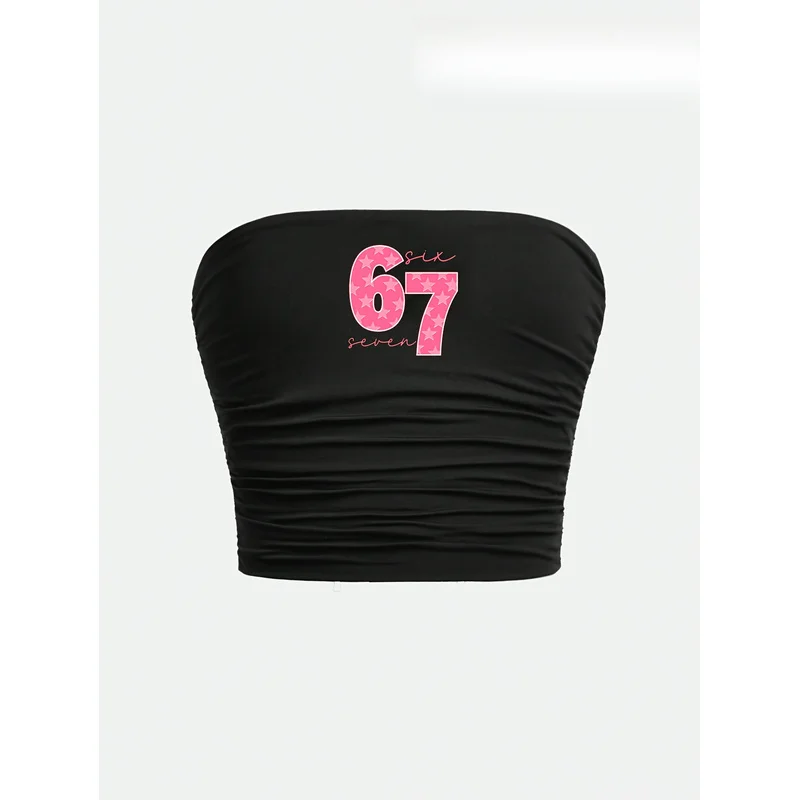 Y2K Women Bandeau Tube Top, Pink 67 Number Star Graphic Print Strapless Slim Crop Top