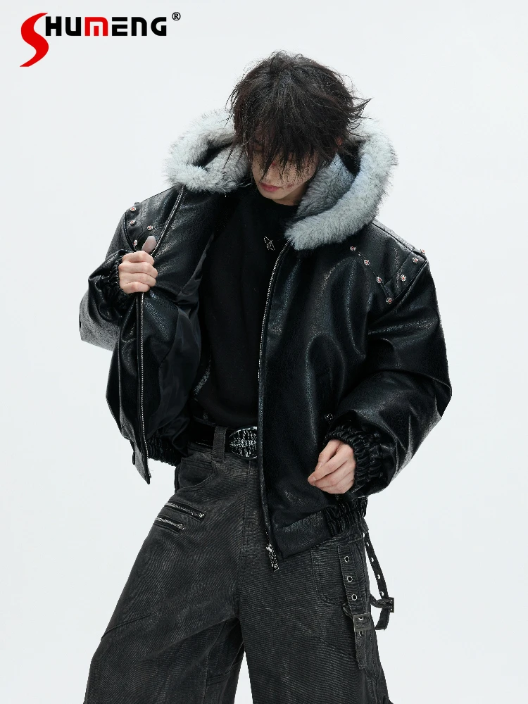 Men's 2025 Winter New Hooded Faux Leather Parkas Thickened Fleece Loose Comfort Jackets Male Long Sleeve Handsome Zipper Coats