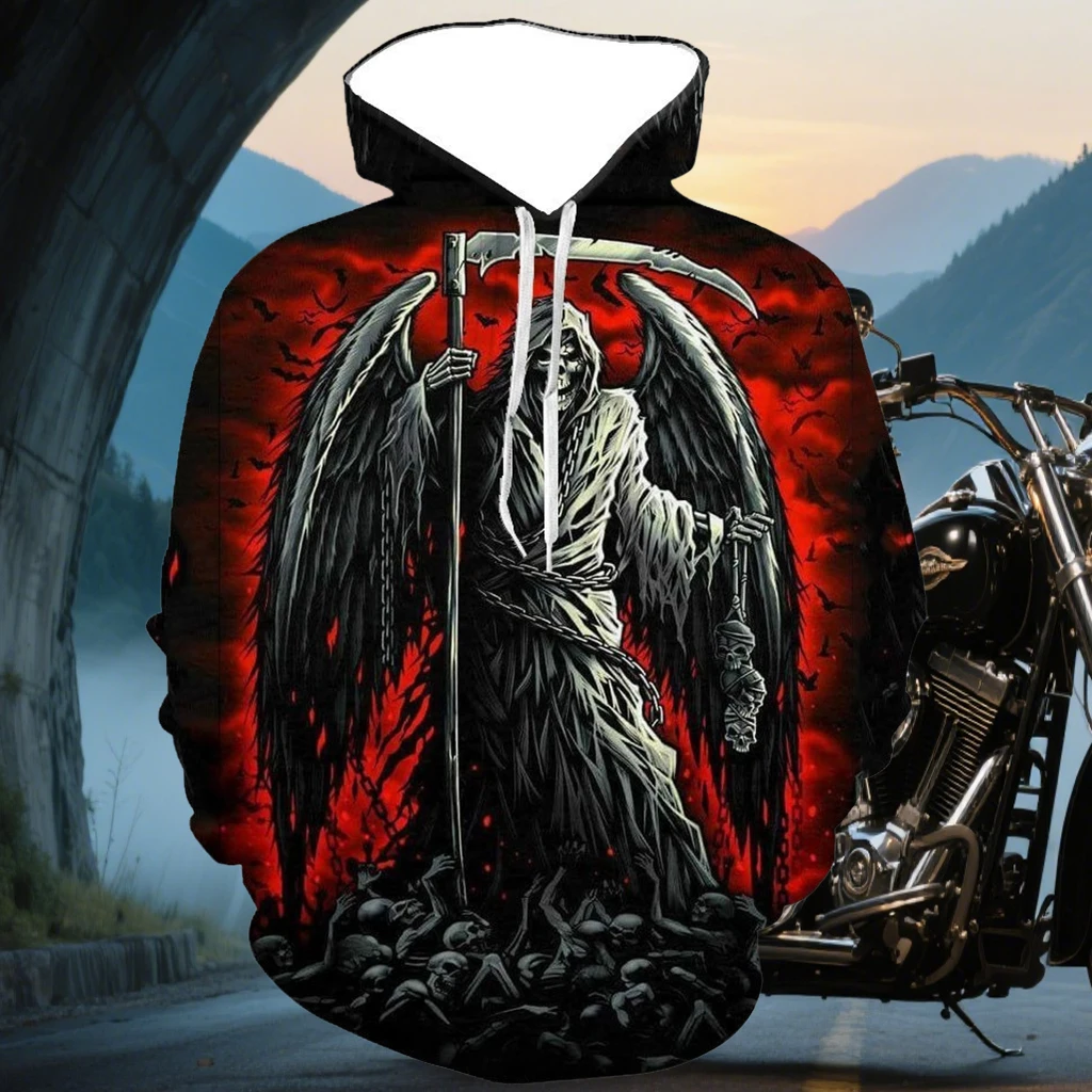 Moda personalizada hip hop quente manga longa hoodie esporte ao ar livre lazer halloween crânio impresso motocicleta manga longa hoodie
