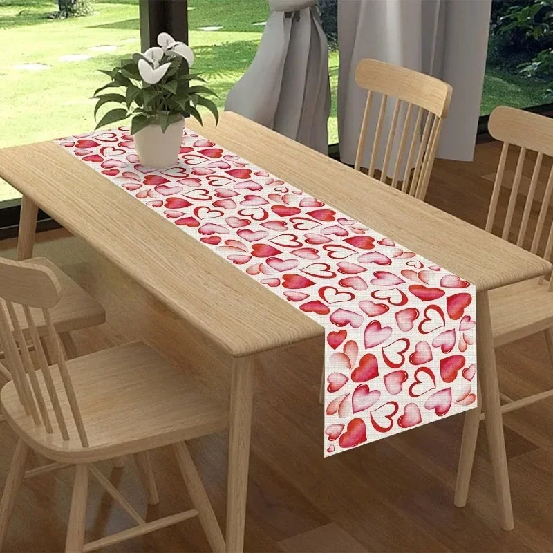 72 Inches Linen Watercolor Pink Heart Valentines Day Table Runner Anniversary Wedding Home Kitchen Dining Room Table Decoration