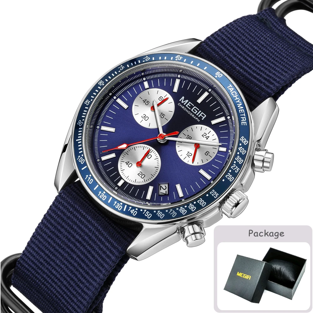 MEGIR New Luxury Men's Watches Canvas Weaving Strap Sport Automatic Chronograph Quartz Waterproof Wristwatch for Male 2247