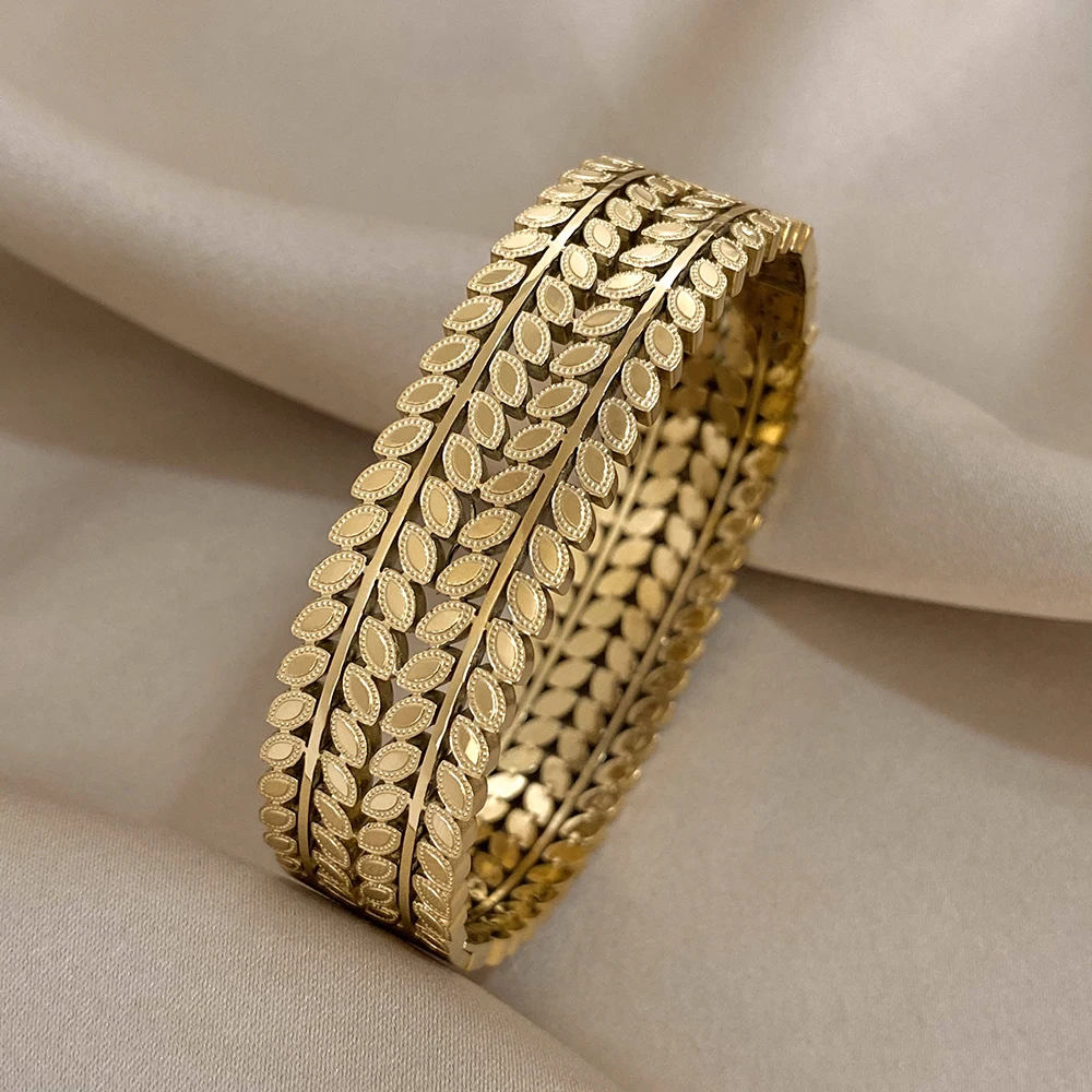 Greatera Chunky Layered Leaf Stainless Steel Bangles Bracelet for Women Gold Plated Wheat Wide Cuff Bracelet Waterproof Jewelry