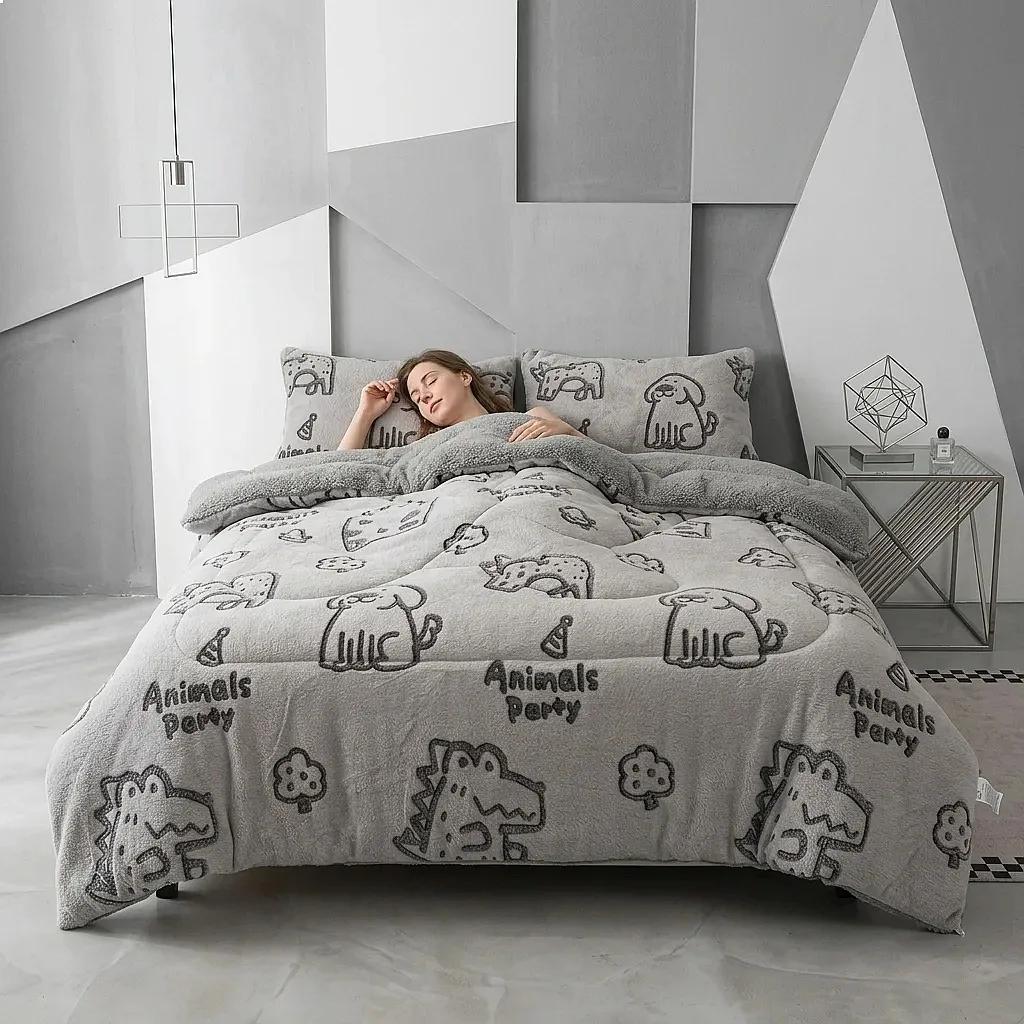 Floral Snowflake Quilted Comforter Thickened Lamb Fleece Blanket Soft Warm Bedding for Hotel Home Use