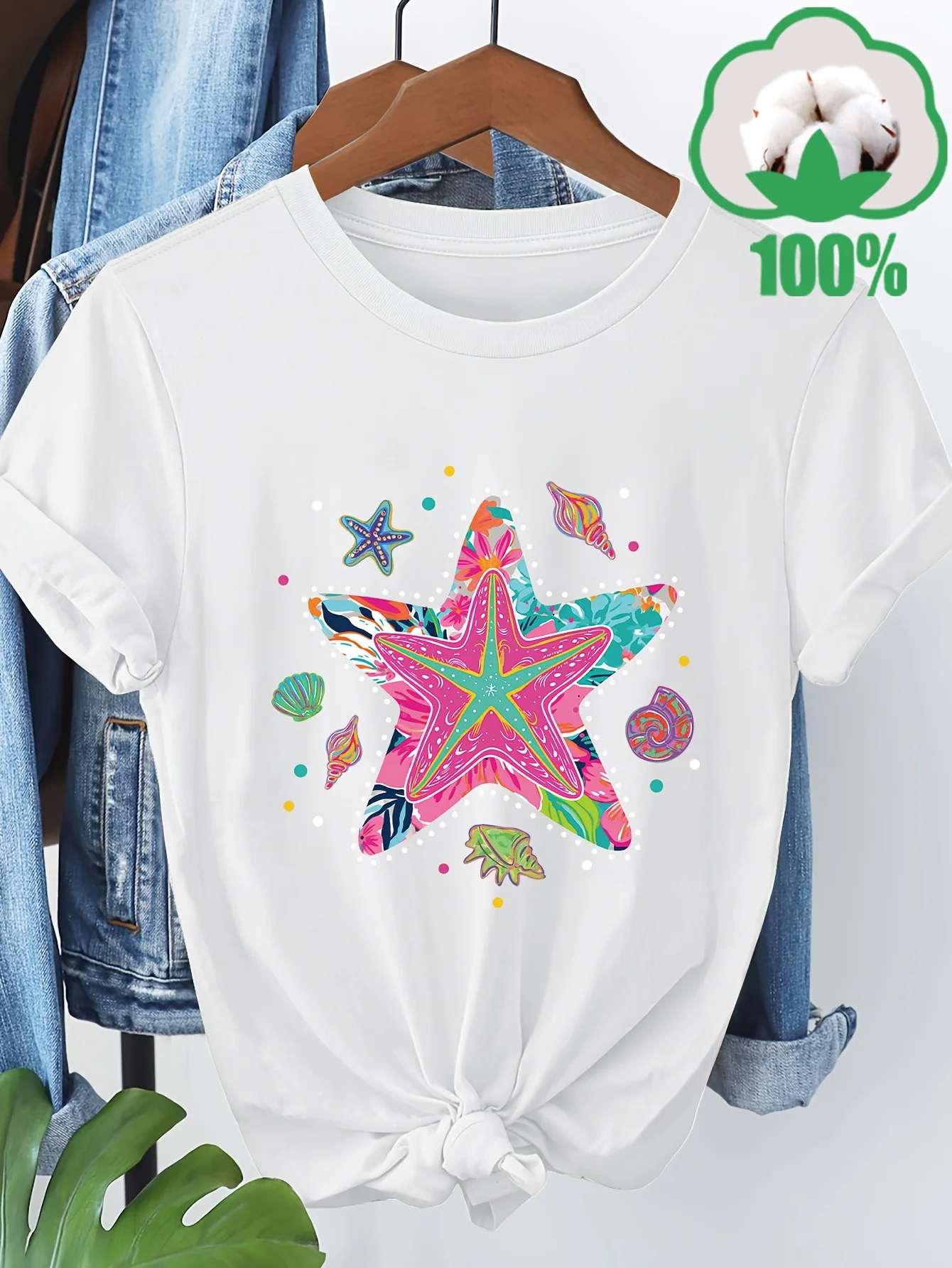 여성용 생기 넘치는 불가사리 그래픽 티셔츠, 반소매, 라운드 넥, 다채로운 바다 테마 디자인이 있는 캐주얼 여름 탑,