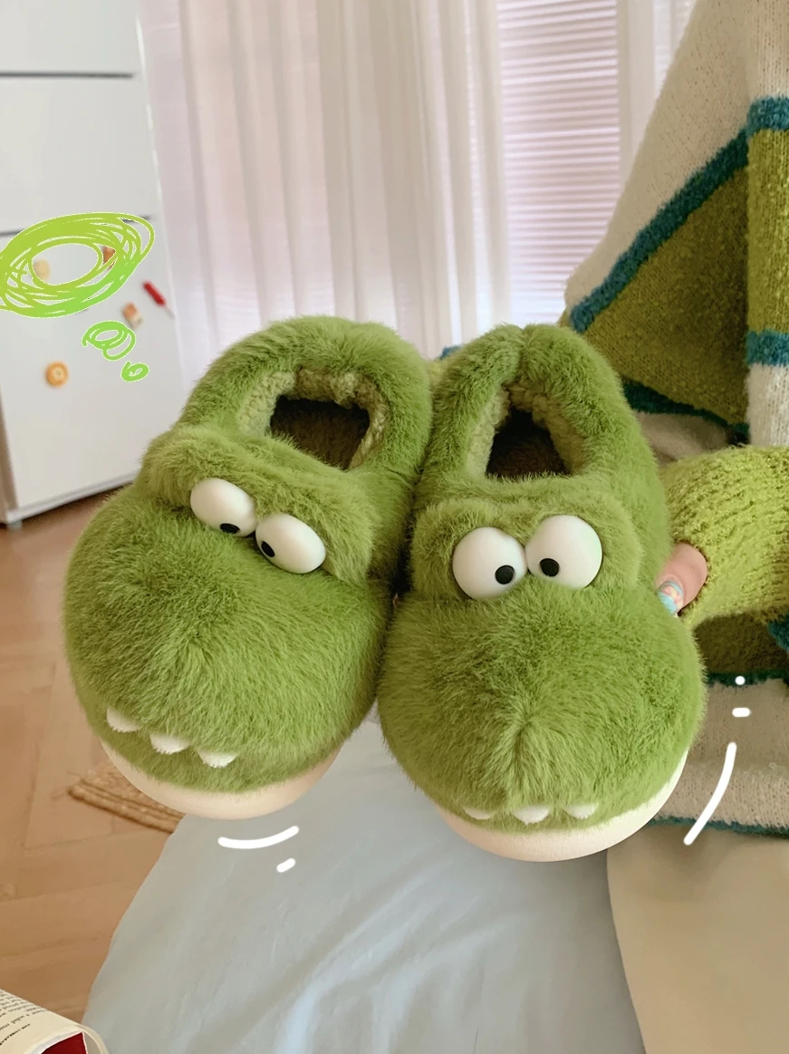 Cute Children\'s Dinosaur Crocodile Cotton Slippers Boys And Girls\' Baby Slippers Winter Plush Soft Thick Sole Home Slipper Shoes