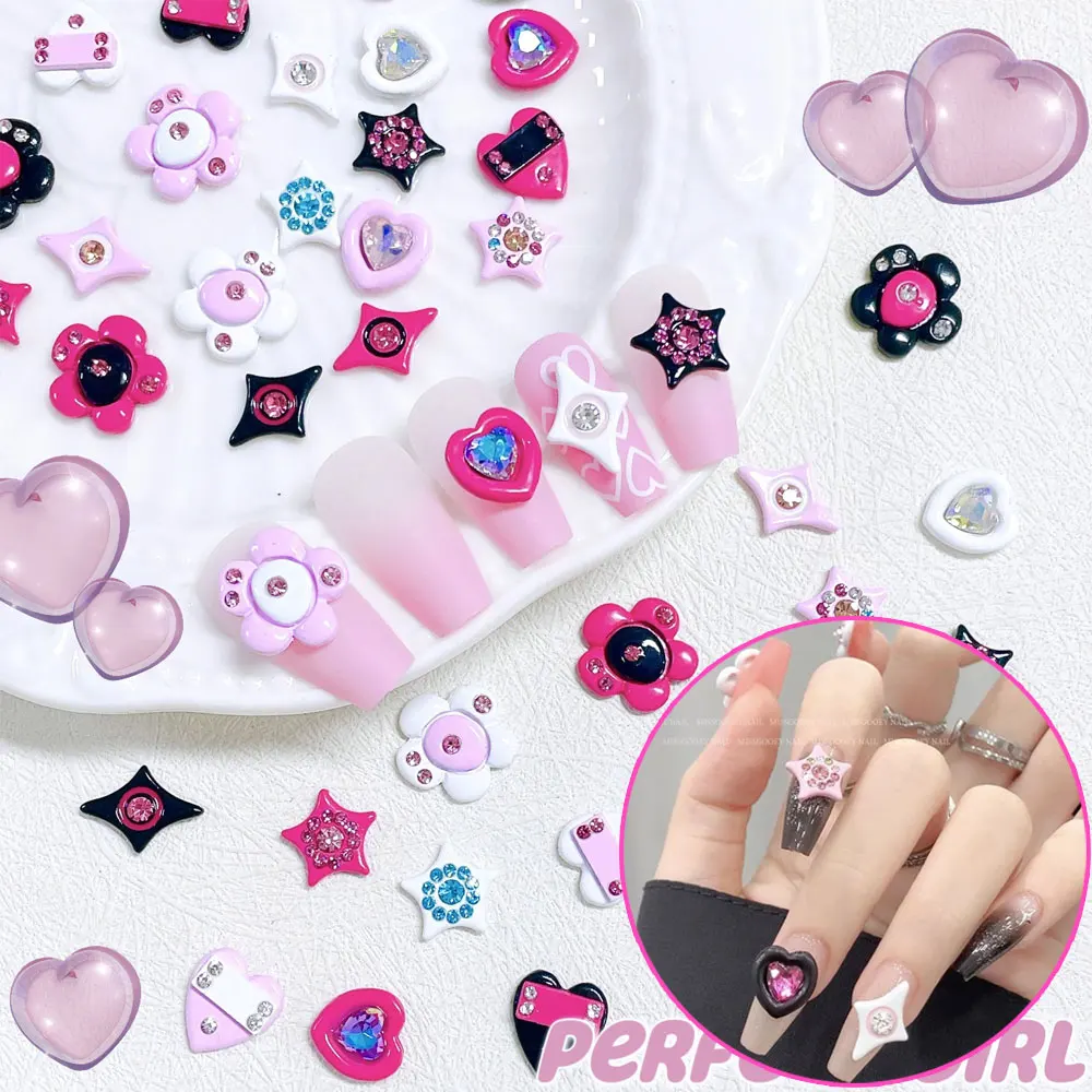 

10pcs Dopamine Love Diamond Nail Art Charm 3D Star Pink Flower Butterfly Nail Decoration DIY Girls Fashion Nail Accessories