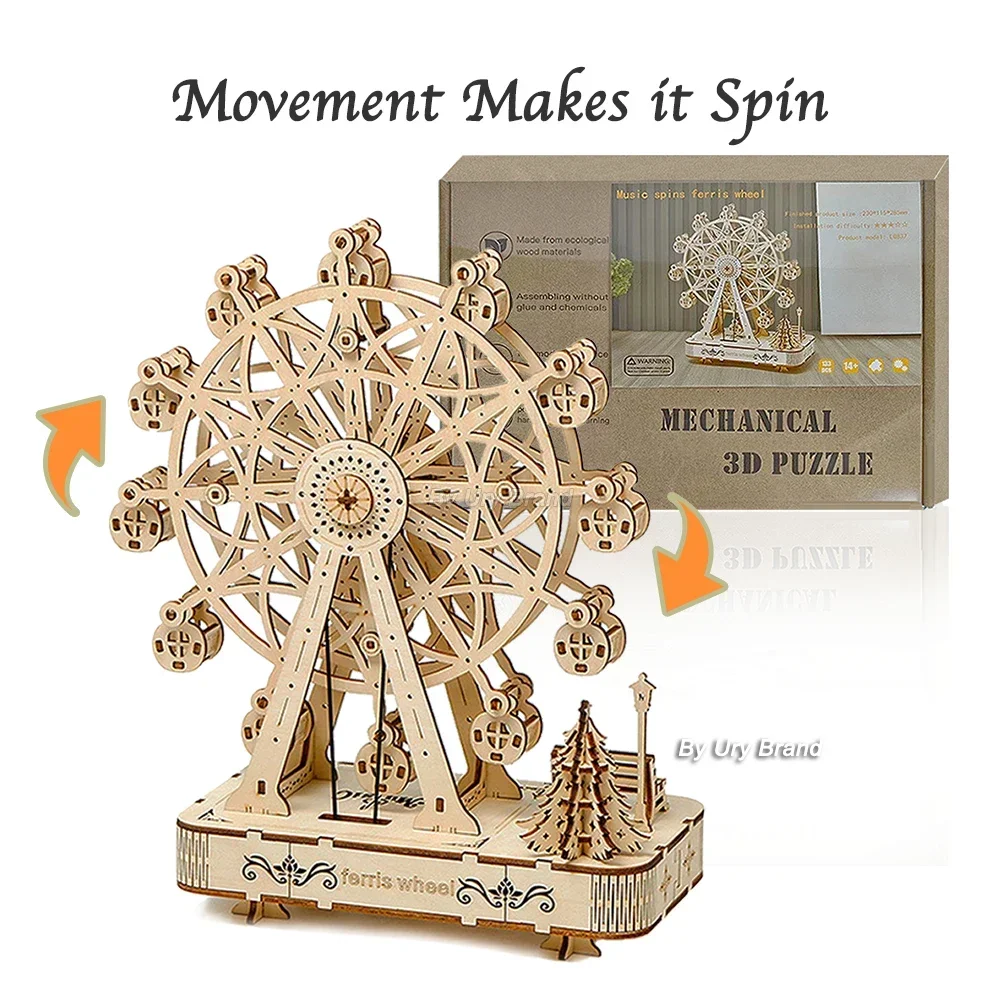 Rotatable DIY 3D Puzzles Ferris Wheel Music Octave Box Wooden Model Mechanical Kits Assembly Decor Toy Gift for Children Adult