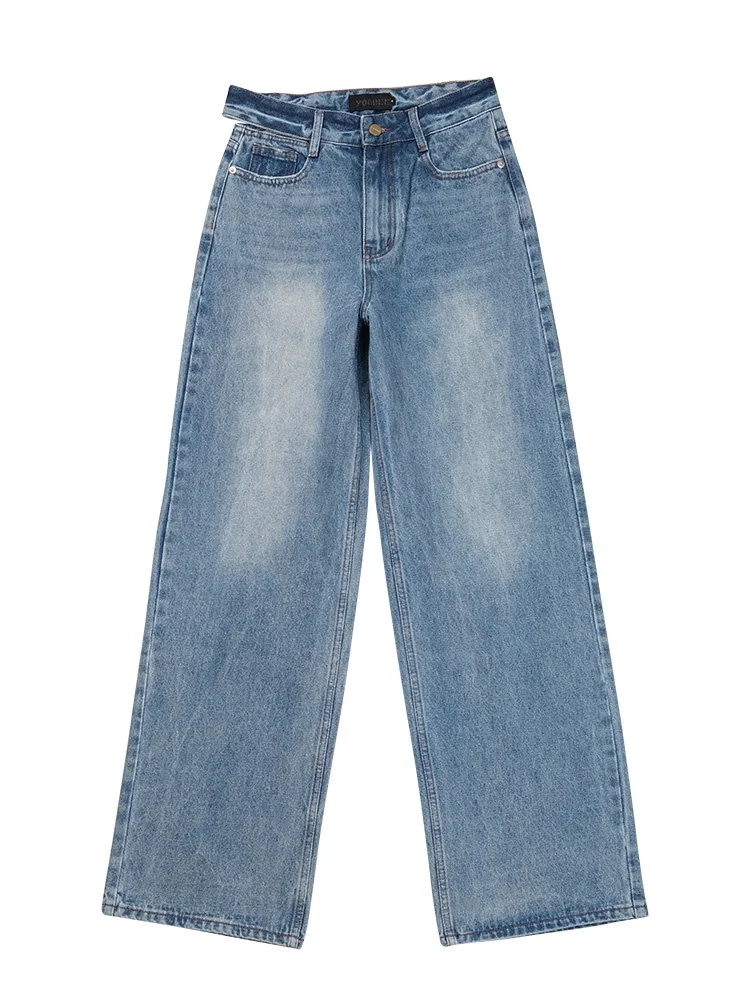 

High Waist Distressed Straight Leg Denim Jeans Women's Korean Style Hollow out Washed Old School Jeans Casual Blue Jeans