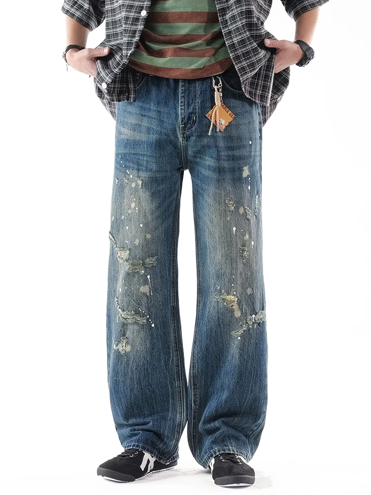 

KSTUN Ripped Jeans Men Wide-leg Distressed Baggy Pants Vintage Streetwear Paint Moto & Biker Jeans Denim Pants 2026 Summer New