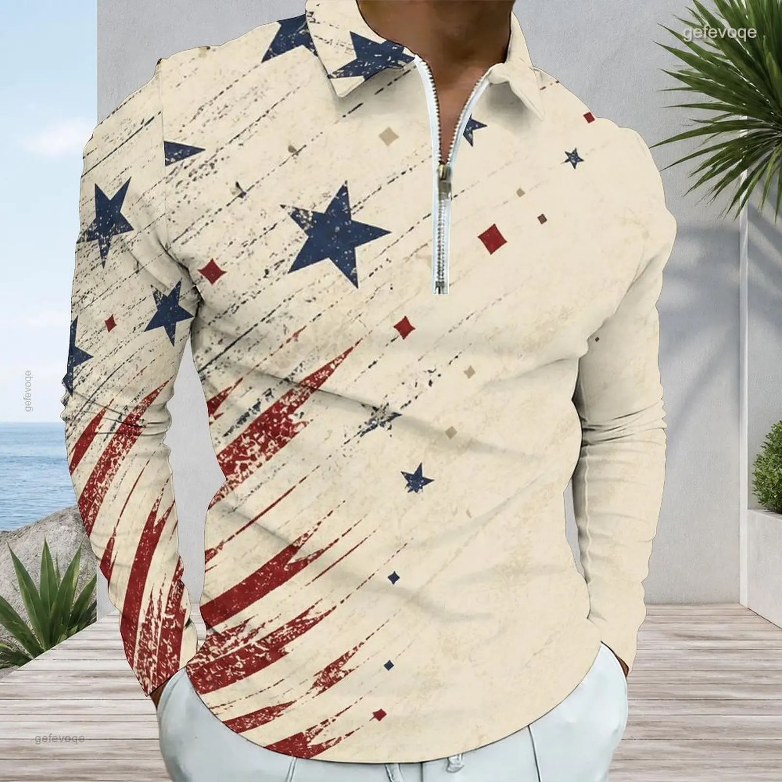 Men's Beige Distressed Nautical Compass Wind Rose Printed Long Sleeve Quarter Zip Collar Polo Shirt