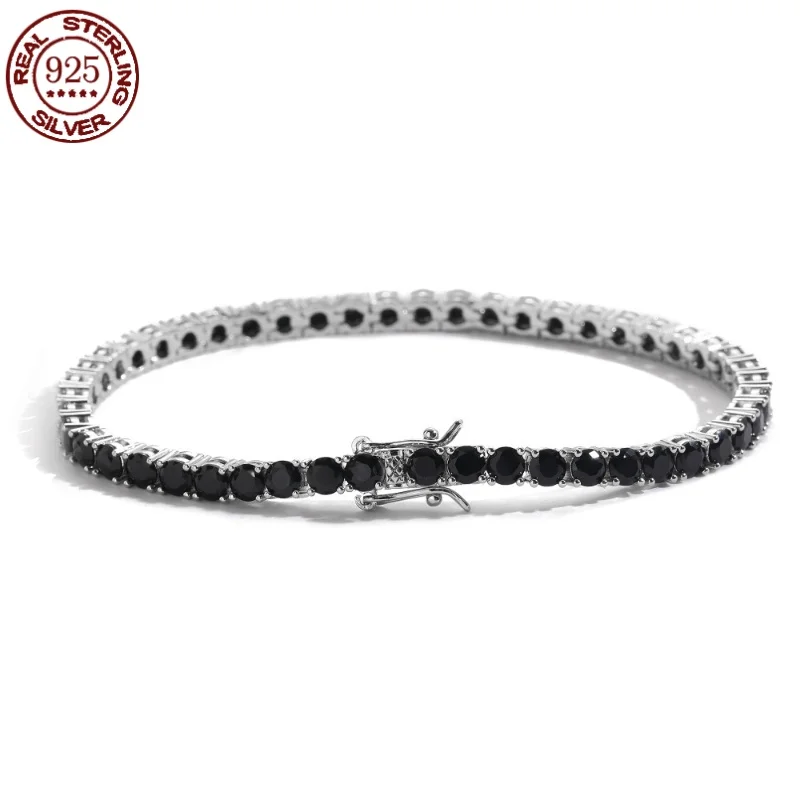 100% Real S925 Sterling Silver Plated 18K Gold 5A Grade Zircon Black Tennis Bracelet for Men and Women Fashion Exquisite Jewelry