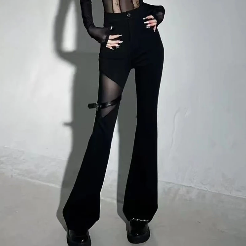 

Spicy Girls Autumn Pants European and American Dark Mesh Splice Slim Fit High Waist Flare Pants Casual Pants