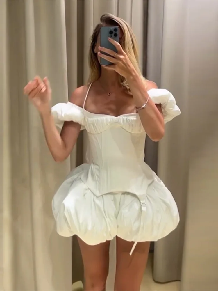 Puffärmel-Korsett-Tops und kurze Hosen-Sets für Damen, sexy Schnür-Tops mit Taillenbetonung, plissierte Shorts, charmante Partykleidung für Damen – Detail 8
