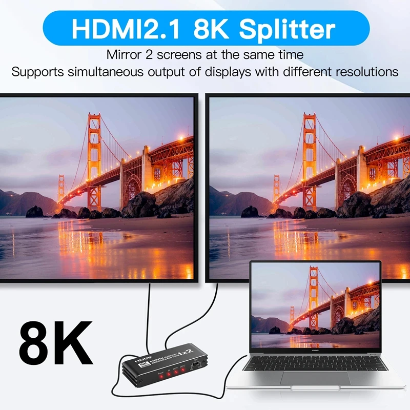 8K 1x2 HDMI Splitter 1 IN 2 Out Dual Display 1 To 2 Splitter 8K60hz 4K120hz 1080P240hz Video Distributor for PS5 Laptop PC To TV