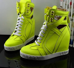 Neon Patchwork Ankle Boots Hidden Inner Heel Height Increased Zebra Striped High Top Sneaker Femme Real Leather Short Booties