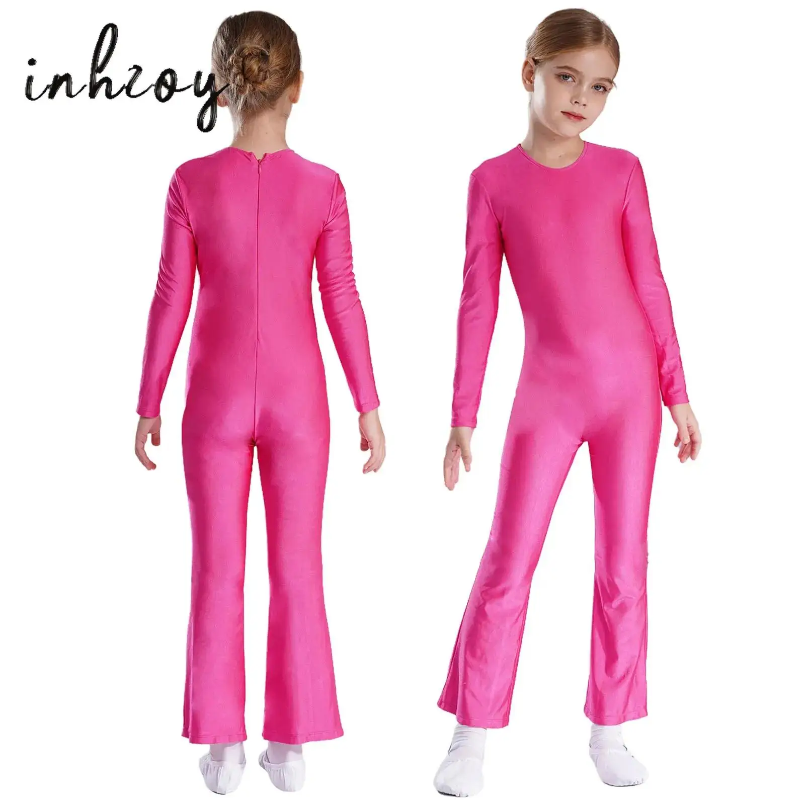 

Girls Boys Long Sleeve Ballet Dance Leotard Gymnastics Jumpsuit Zipper Bell Bottom Pants Full Body Suit Figure Skating Dancewear