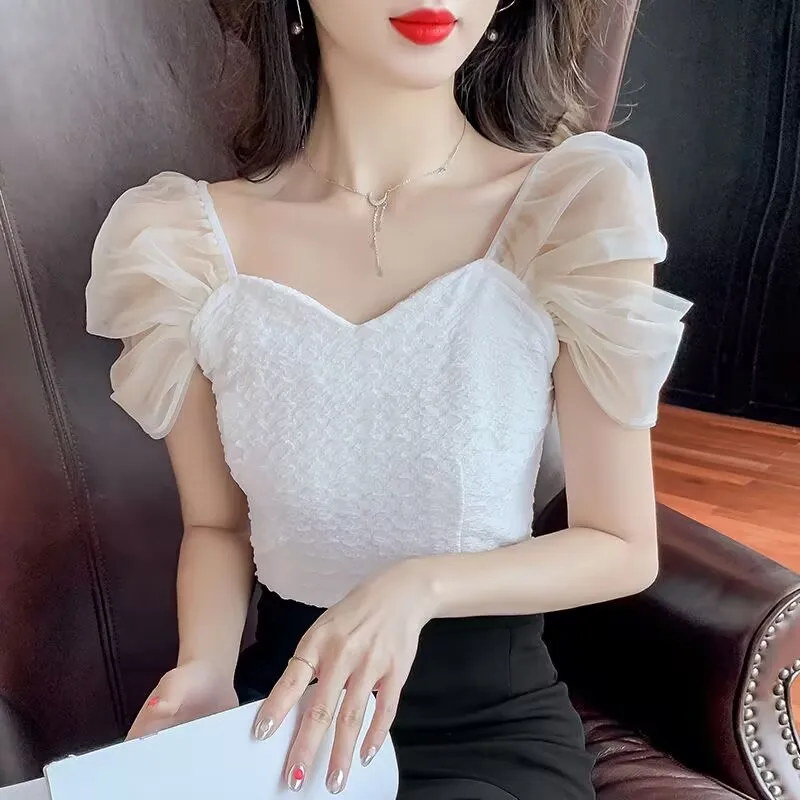

French Square Neck Short Sleeve T-shirt Summer Women Mesh Puffed Sleeves Short Top 2025 Ladies Sexy Sweet Slim-fit Base Shirts