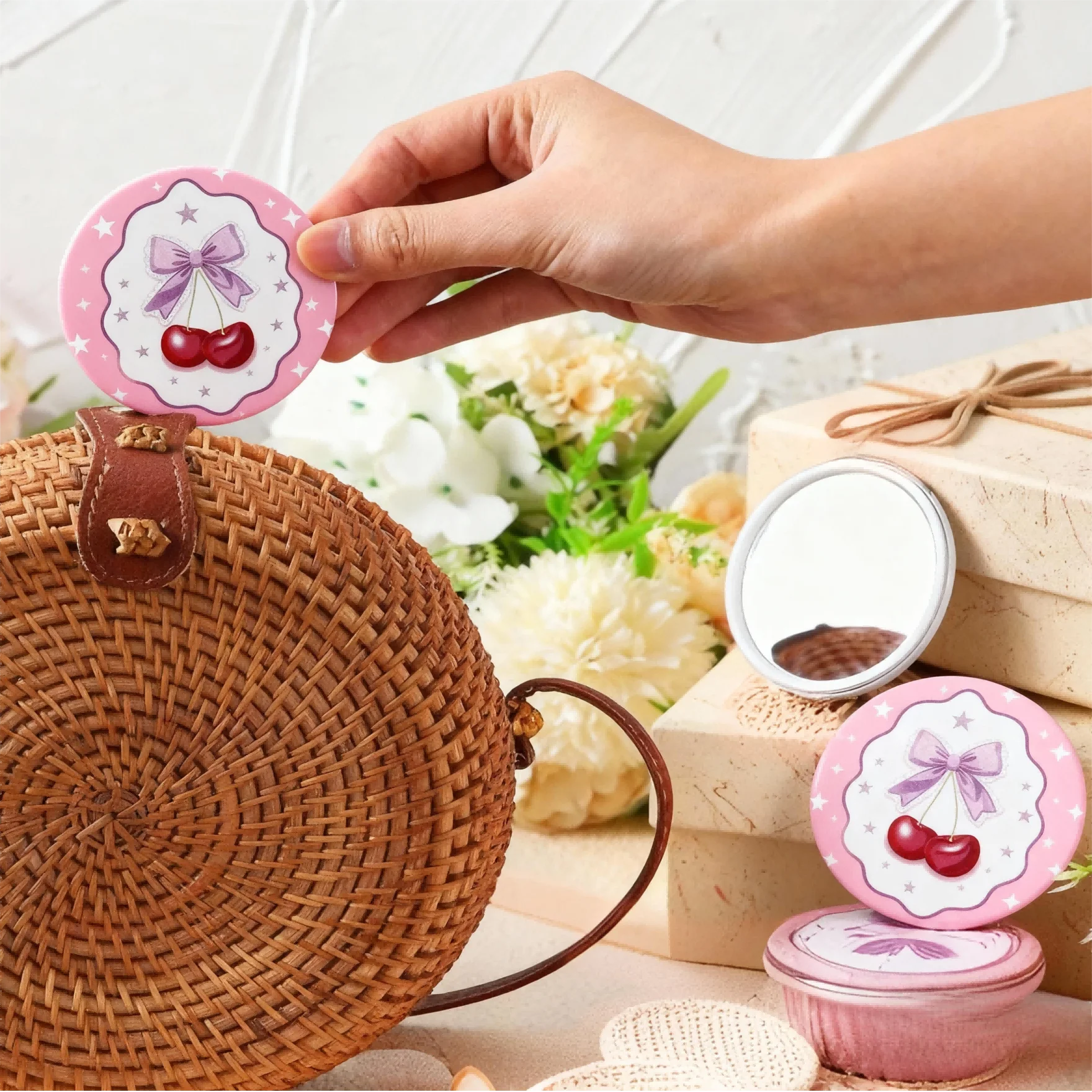 36 Stück/12 Satz Kirsche Mini-Spiegel mit Schleife, rosa Schleife, Dankeskarten und Organzabeutel mit Schleifen – perfekt für Brautpartys, Geburt – Detail 4