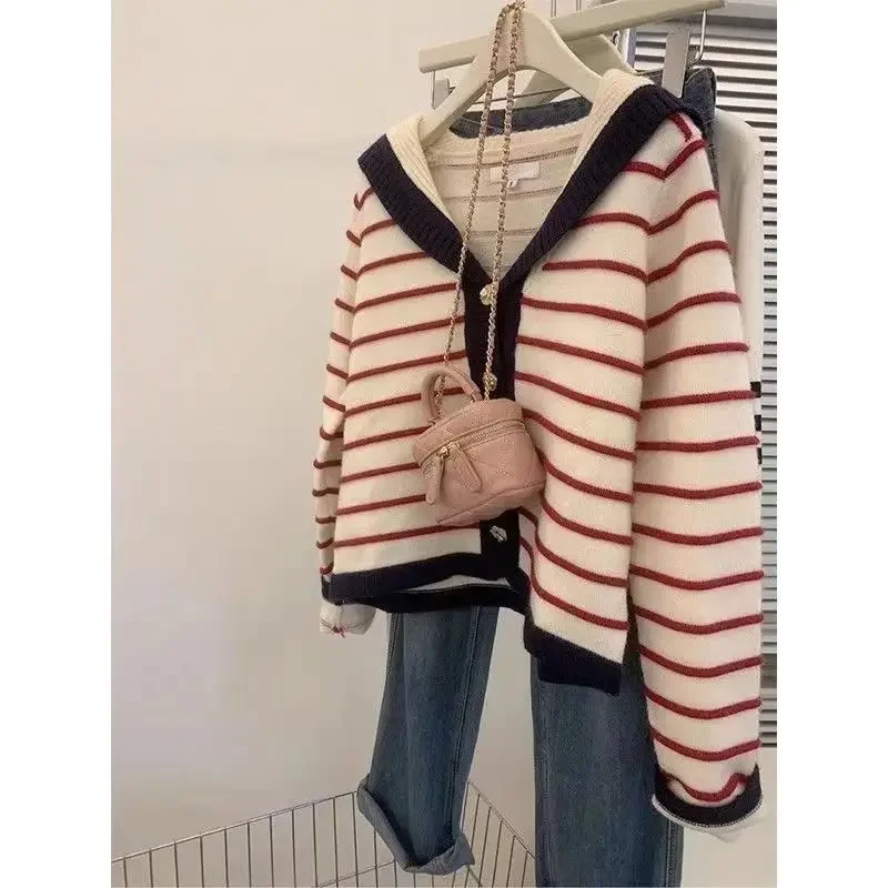 Gagaok Striped Short Navy Collar Sweater Jacket Women Autumn Winter Knitted Cardigan Outwear Casual Long Sleeve Top Clothes