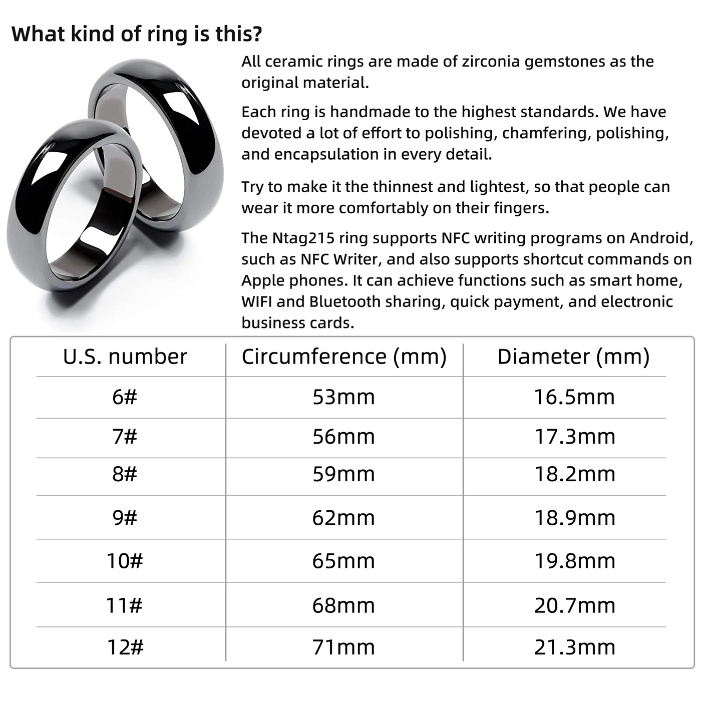 Ntag215 Black Ceramic Smart Ring Compatible with NFC Enabled Phones and Devices Programmable 504 Bytes for Bussiness Card