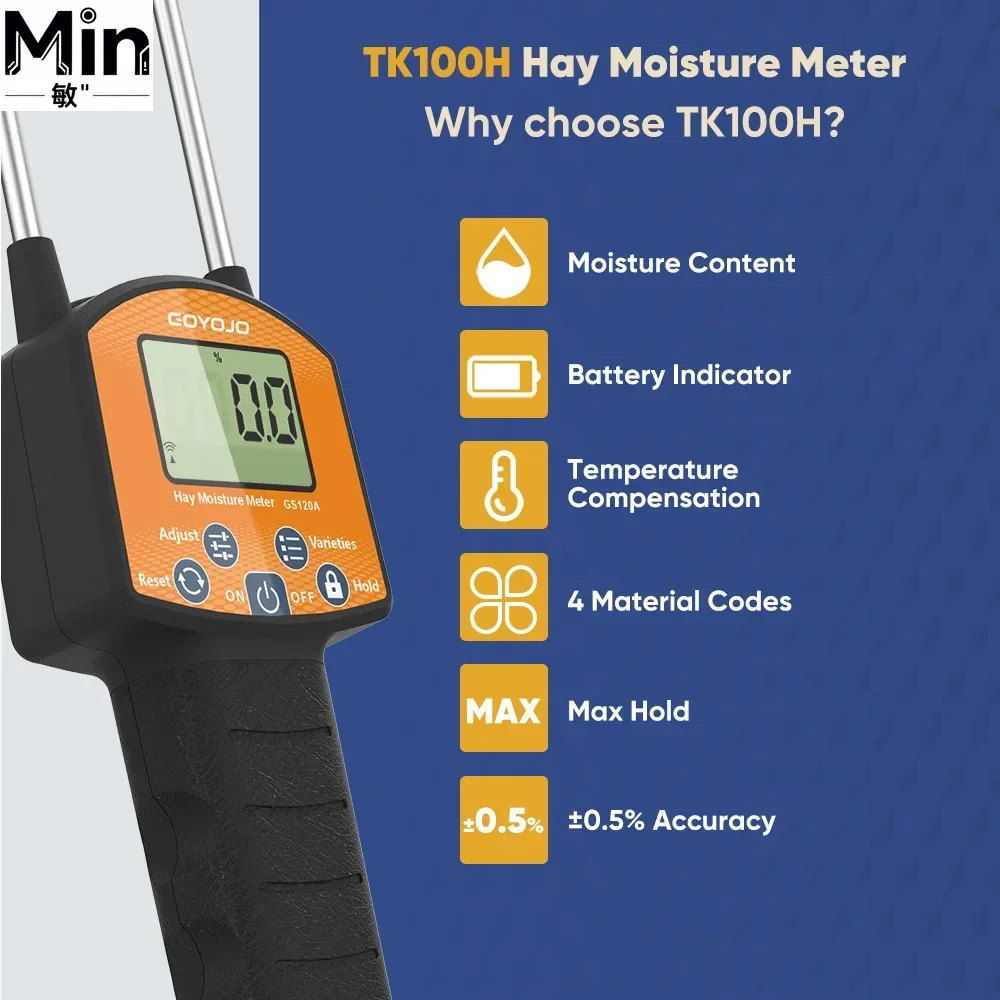 GS120A Handheld Hay Moisture Meter 0-80% Digital Humidity Tester for Cereal Forage Grass Leymus Bamboo