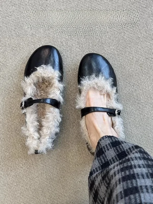 

Women's Mary Jane Shoes round Toe Warmth Leather Slip-On Winter Boots French Style Fashion Single Shoes with Buckle Design