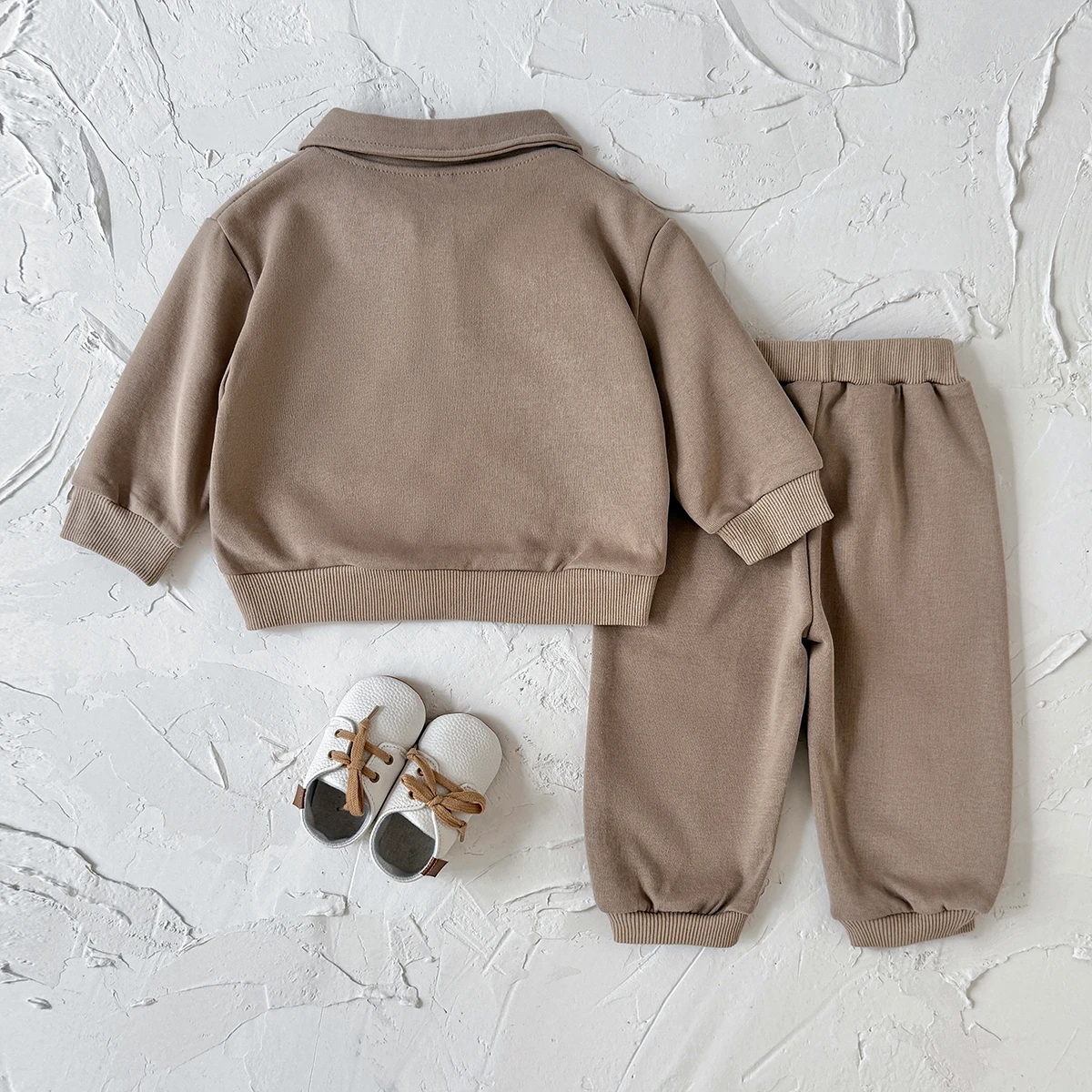 Spring Autumn Baby Khaki Polo Collar Set Button Pullover Sweatshirt Side Stripe Jogger Pants Unisex Toddler 2Pcs Outfit