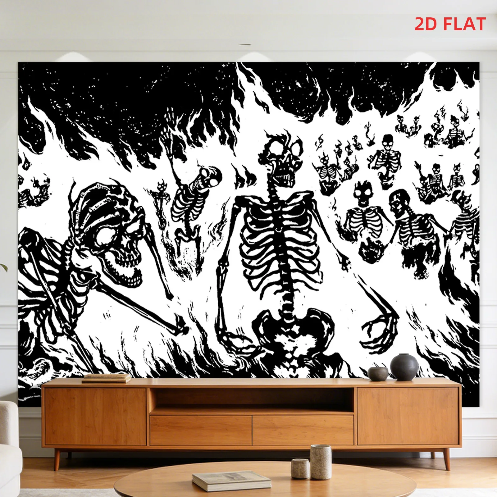 Dramatic Skeleton Fire Scene Wall Tapestry - Gothic Macabre Art for Living Room Decor