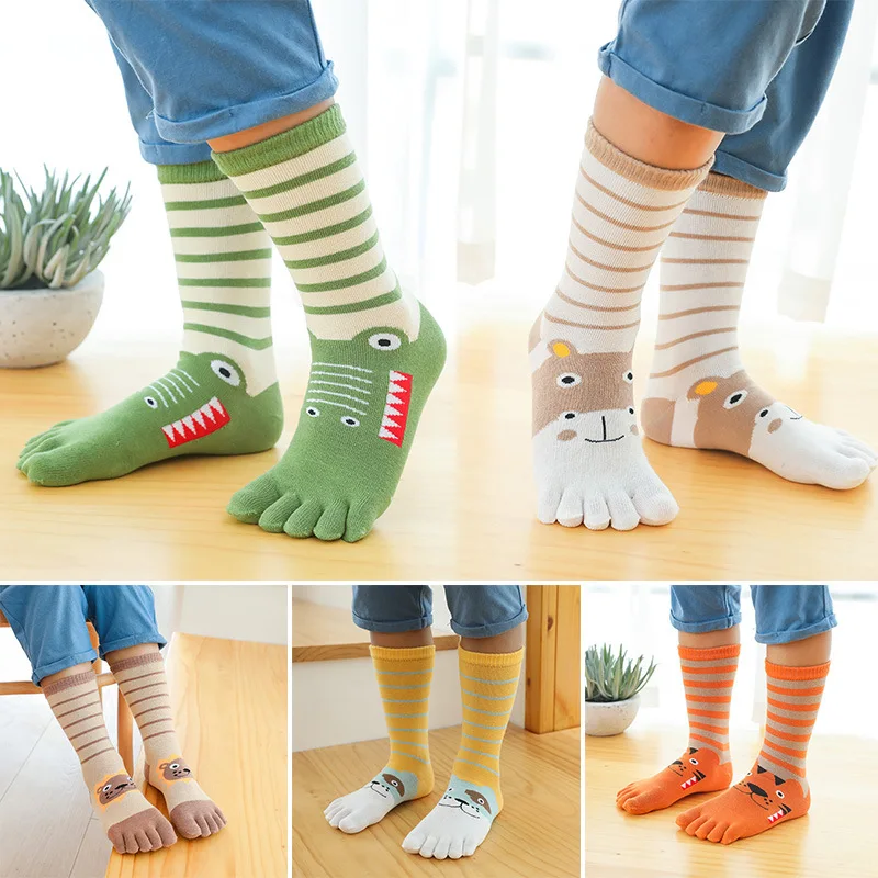 

3 Pairs 3-12y Kids Toe Socks Girls Boys Five Finger Socks Autumn Winter High Tube Cotton Crew Socks Cute Cartoon Kawaii