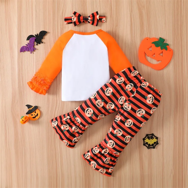 

3Pcs Baby Girl Halloween Costumes Pumpkin Print Romper Tutu Skirt Bow Headband Set for Toddler Party Outfit