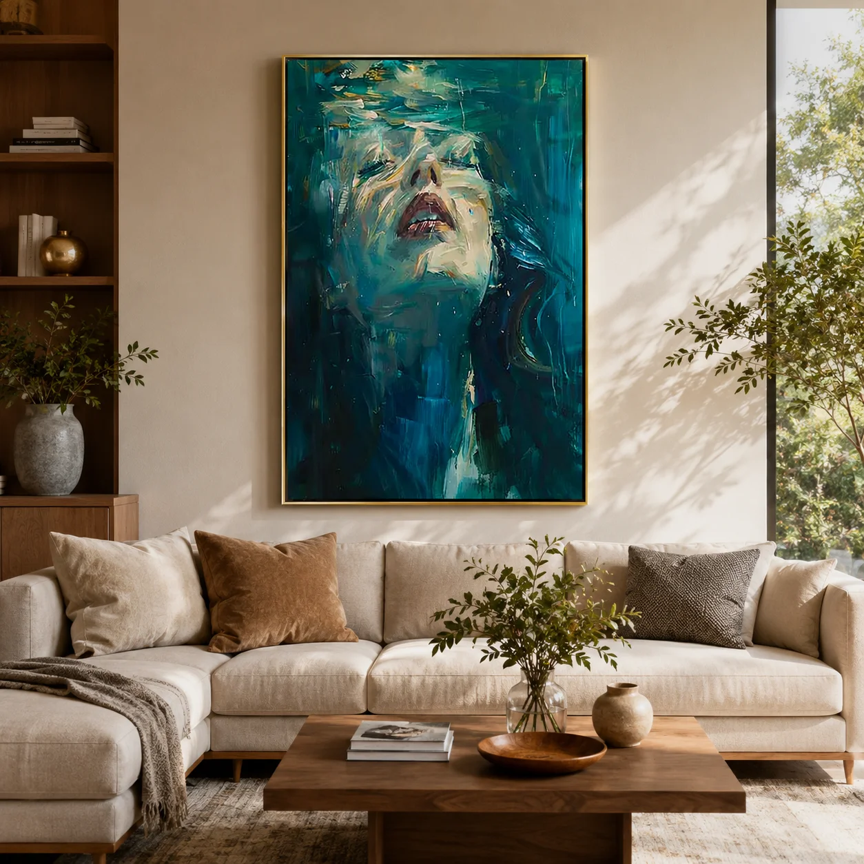 Aquatic Reverie – Hand-Painted Underwater Woman Figure Teal Blue Abstract Textured Oil Portrait Painting for Bedroom, Living