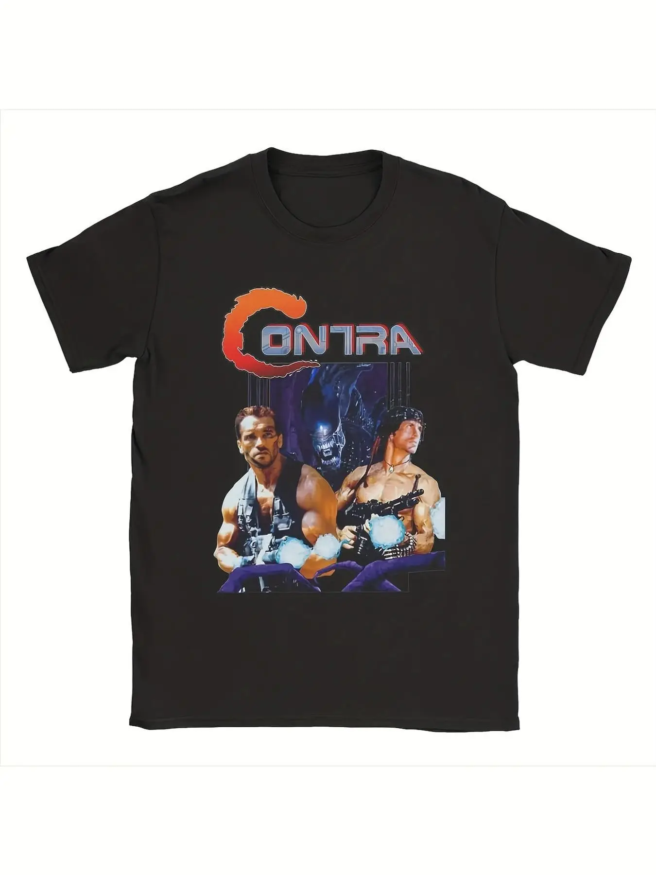 Men's Plus Size CONTRA Retro Video Game T-Shirt - Stylish Black Tee with Flame Styled 'C' and Muscular Characters Holding Guns, Futuristic Background Design