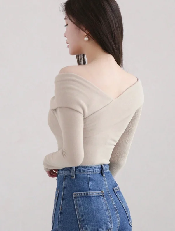 Women Off Shoulder Cross Wrap Knit Top Long Sleeve Ribbed Slim Fit Sweater Elegant Y2K Solid Color Casual Ladies Knitted Blouse