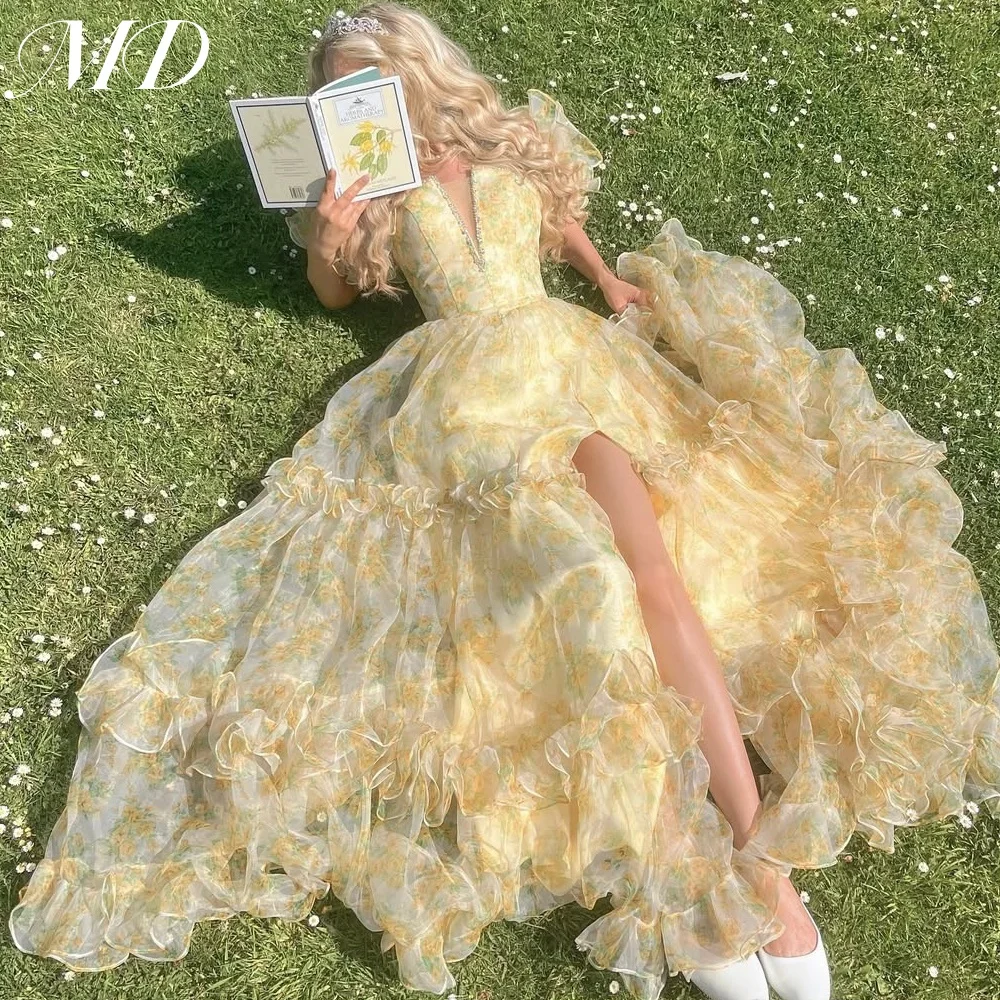 

MD Yellow Floral Print A-line Evening Dress Puff Sleeve Pleat Prom Gown Ruffle Floor-Length Customized Birthday Party Dress 2025