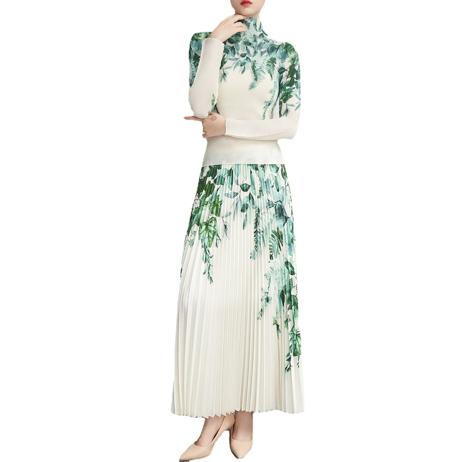 Ata Yake-Ensemble 2 pièces à col roulé pour femme, t-shirt plissé à manches longues, jupes adt assorties, mode féminine, automne, printemps
