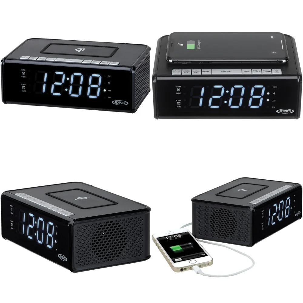 

Alarm clockDual Alarm Radio with Qi Wireless Charging FM Clock Bedside Charger Digital Display LED Light USB Port Travel