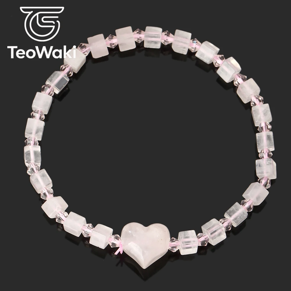 TeoWaki Square Rose Quartz Elastic Bracelet Bead Minimal Fresh White Stone Peach-shaped Ornament Stackable Jewelry Best Gift18cm