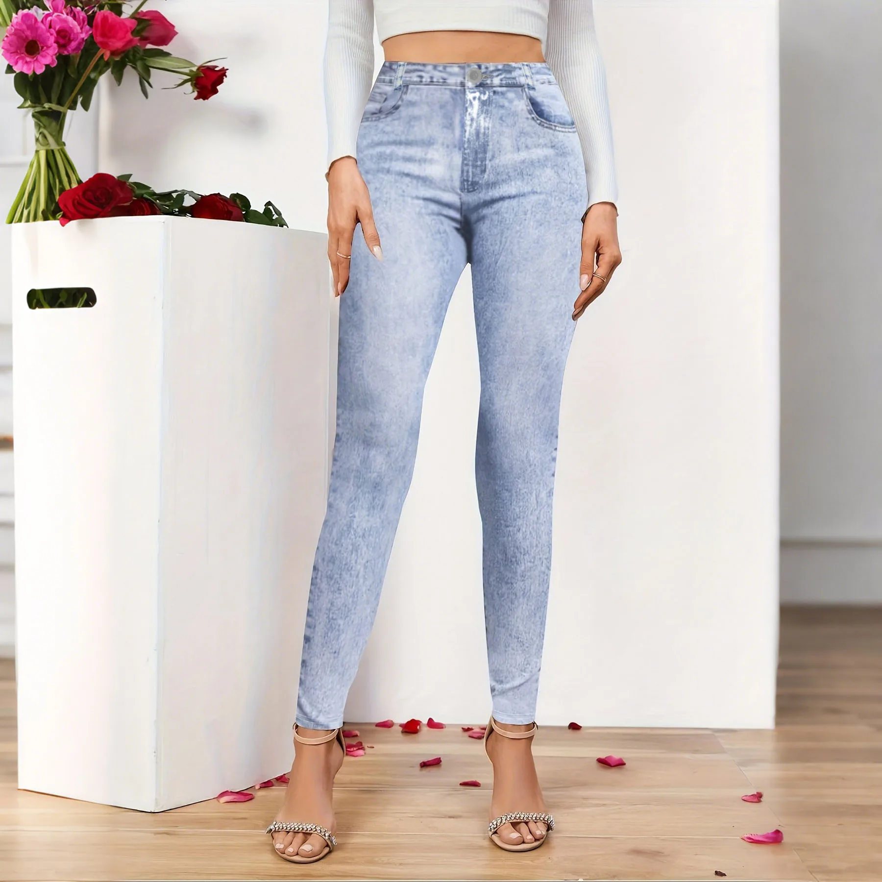 American Pants high waisted tight fitting small leg pants slim light blue commuting elastic jeans women spring autumn Capris