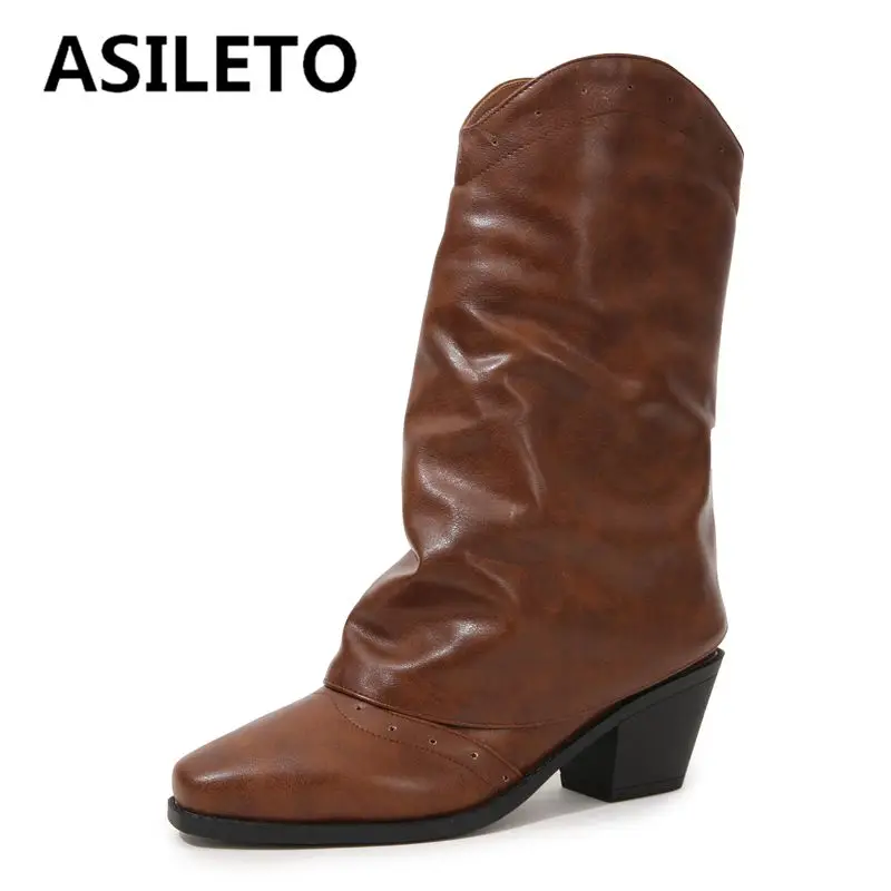 ASILETO Retro Mid Calf Western Boots for Women Square Toe Block Heels 6cm Slip On Plus Size 43 44 45 Casual Daily Skirt Bota