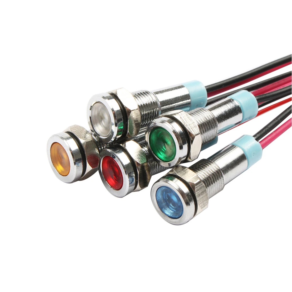 5PC 6mm Warning LED Metal Indicator Light Pilot Waterproof IP67 Signal Lamp 6V 12V 24V 220v With Wire Red Yellow Blue Green